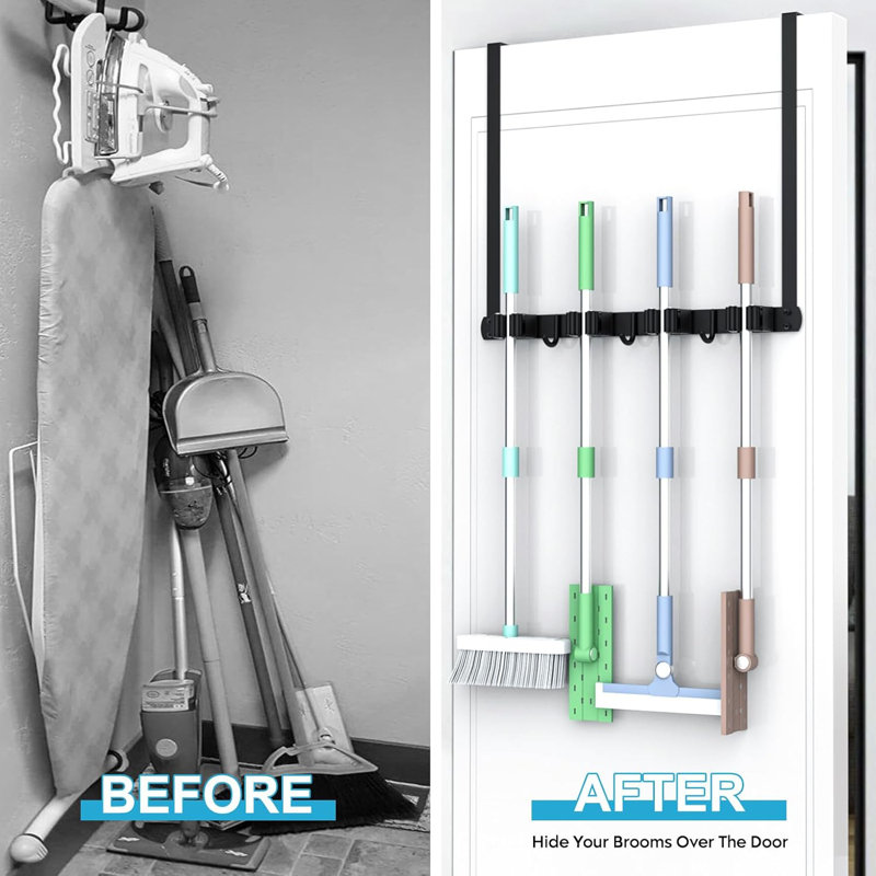 Rebrilliant Broom Holder Over The Door Mop And Broom Holder Wall Mount Or Hanging Over The Door With Hooks Broom Hanger Broom Storage Tool Organizer For Garage Closet Laundry 1PCS Wayfair